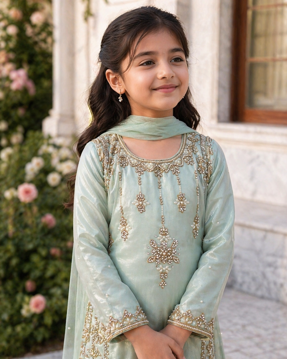 Girls Ice Blue Embroidered Sharara Suit – Kids Pakistani Eid & Wedding Party Wear Outfit KME012C5