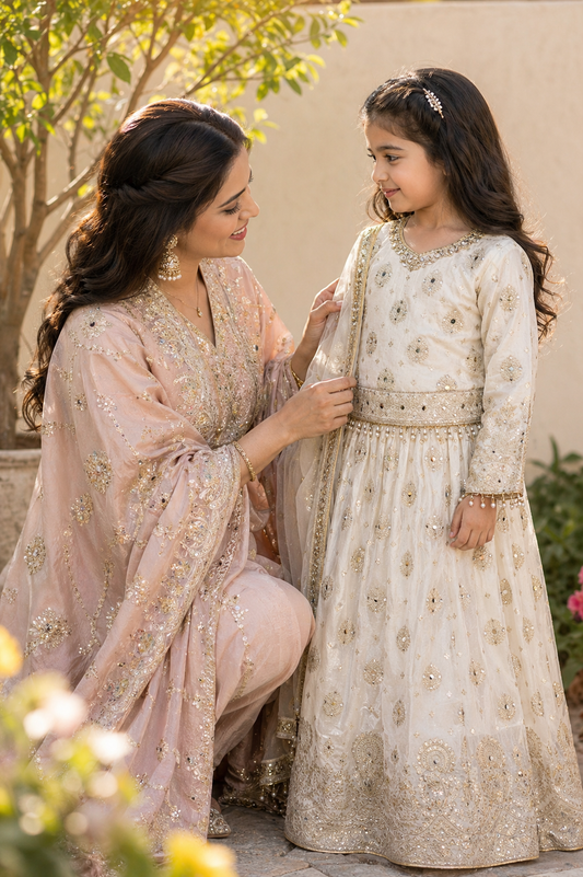 Girls Ivory Embroidered Lehenga Choli – Luxury Kids Pakistani Wedding Outfit – Eid & Party Wear for Girls