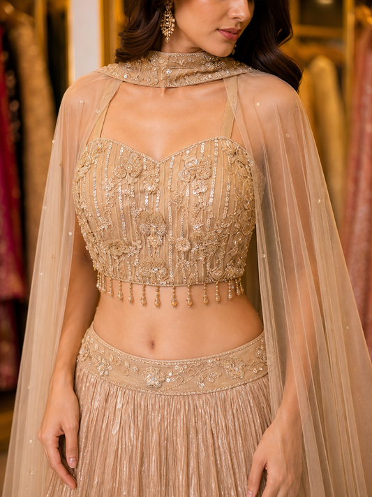 Beige Embroidered Anarkali Gown for Women – Pakistani Wedding Guest Outfit – Elegant Eid & Party Wear