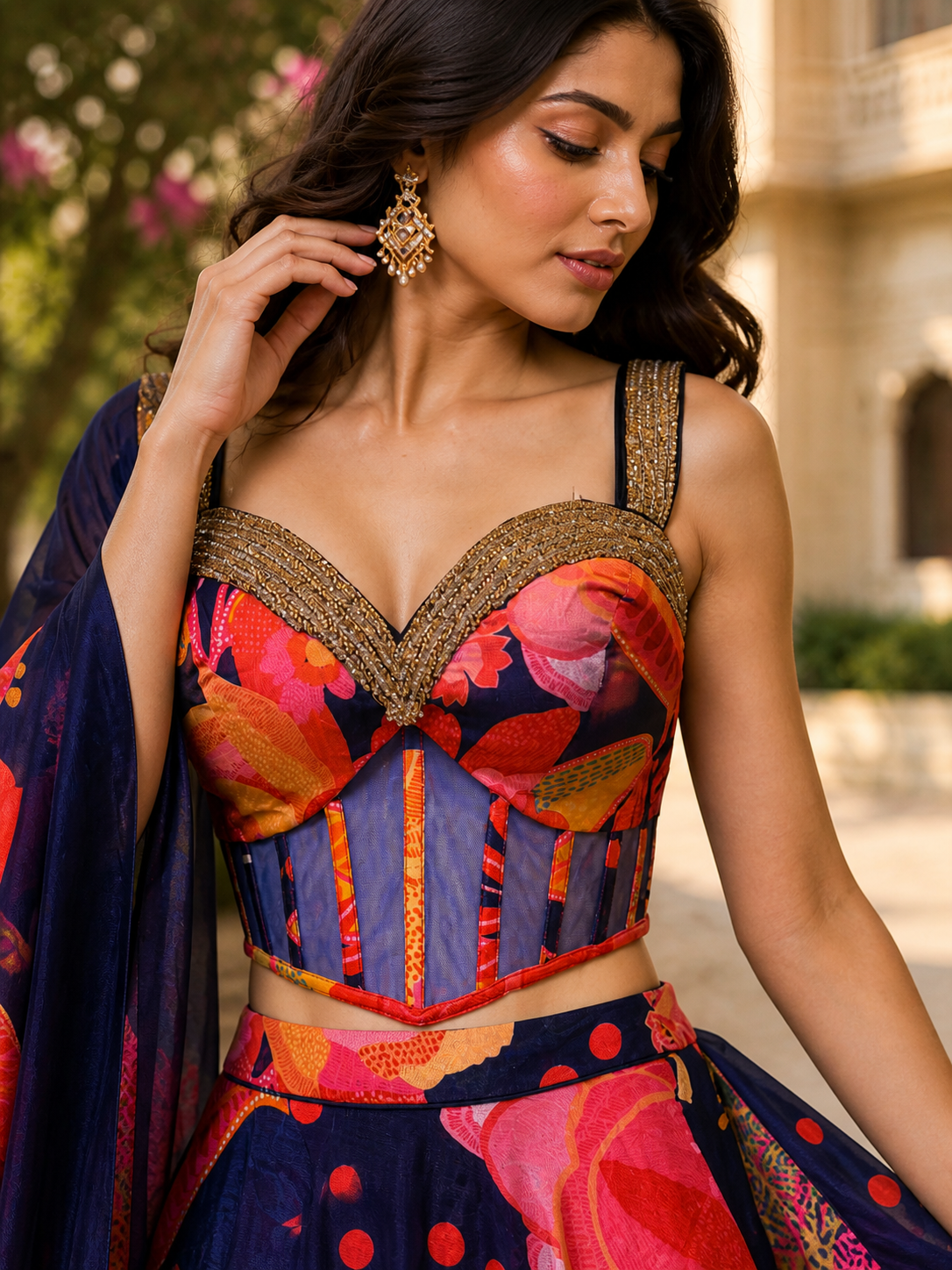 Floral Printed Lehenga Choli for Women – Navy Blue Indo Western Wedding Outfit – Designer Party Wear with Dupatta
