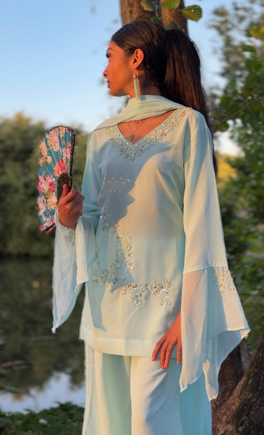 Sky Blue 90s Style Kurti Set for Women – Pakistani Co-Ord Outfit – Y2K Indian Party Wear
