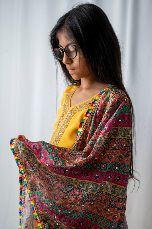 Girls bright yellow Punjabi Suit – Kids Pakistani Patiala Salwar Kameez with Colourful Dupatta – Eid Outfit kbc018c0