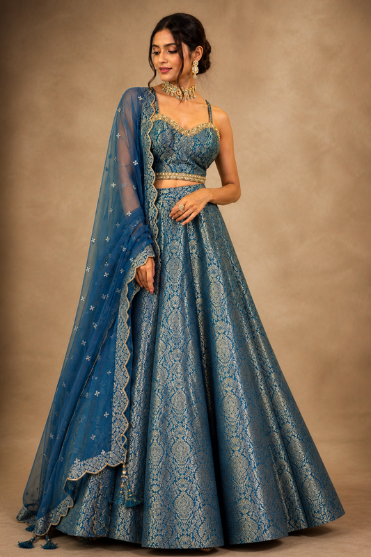 Sky Blue Embroidered Lehenga Choli – Indian Wedding Guest Outfit – Designer Party Wear with Dupatta
