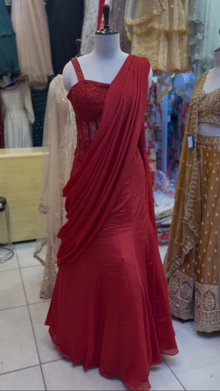 Red Draped Saree Gown for Women – Luxury Indo Western Wedding Outfit – Designer Party Wear Saree