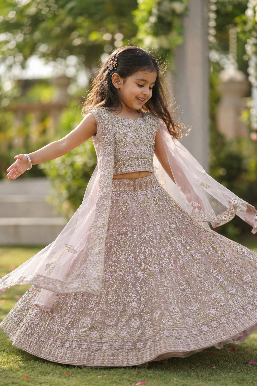 Girls Blush Pink Embroidered Lehenga Choli – Luxury Kids Wedding Outfit – Pakistani Eid Dress for Girls