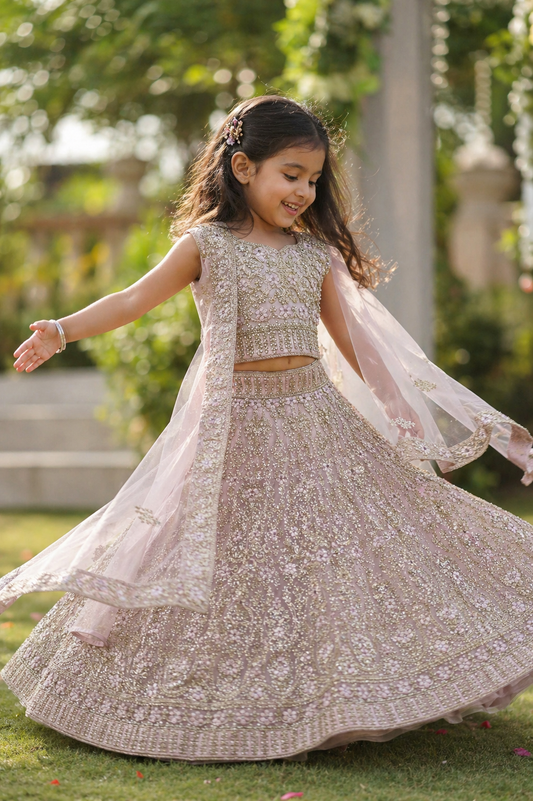 Girls Blush Pink Embroidered Lehenga Choli – Luxury Kids Wedding Outfit – Pakistani Eid Dress for Girls