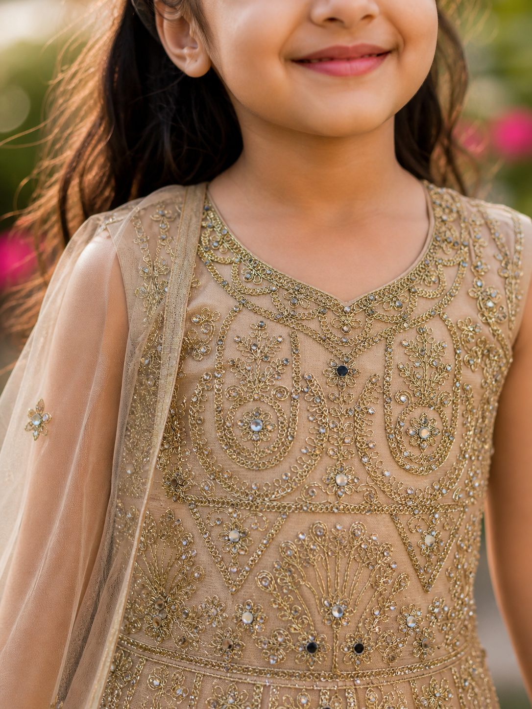 Girls Champagne Embroidered Lehenga Choli – Luxury Kids Wedding & Eid Outfit KMO014C3