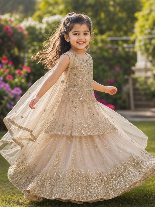 Girls Champagne Embroidered Lehenga Choli – Luxury Kids Wedding & Eid Outfit KMO014C3