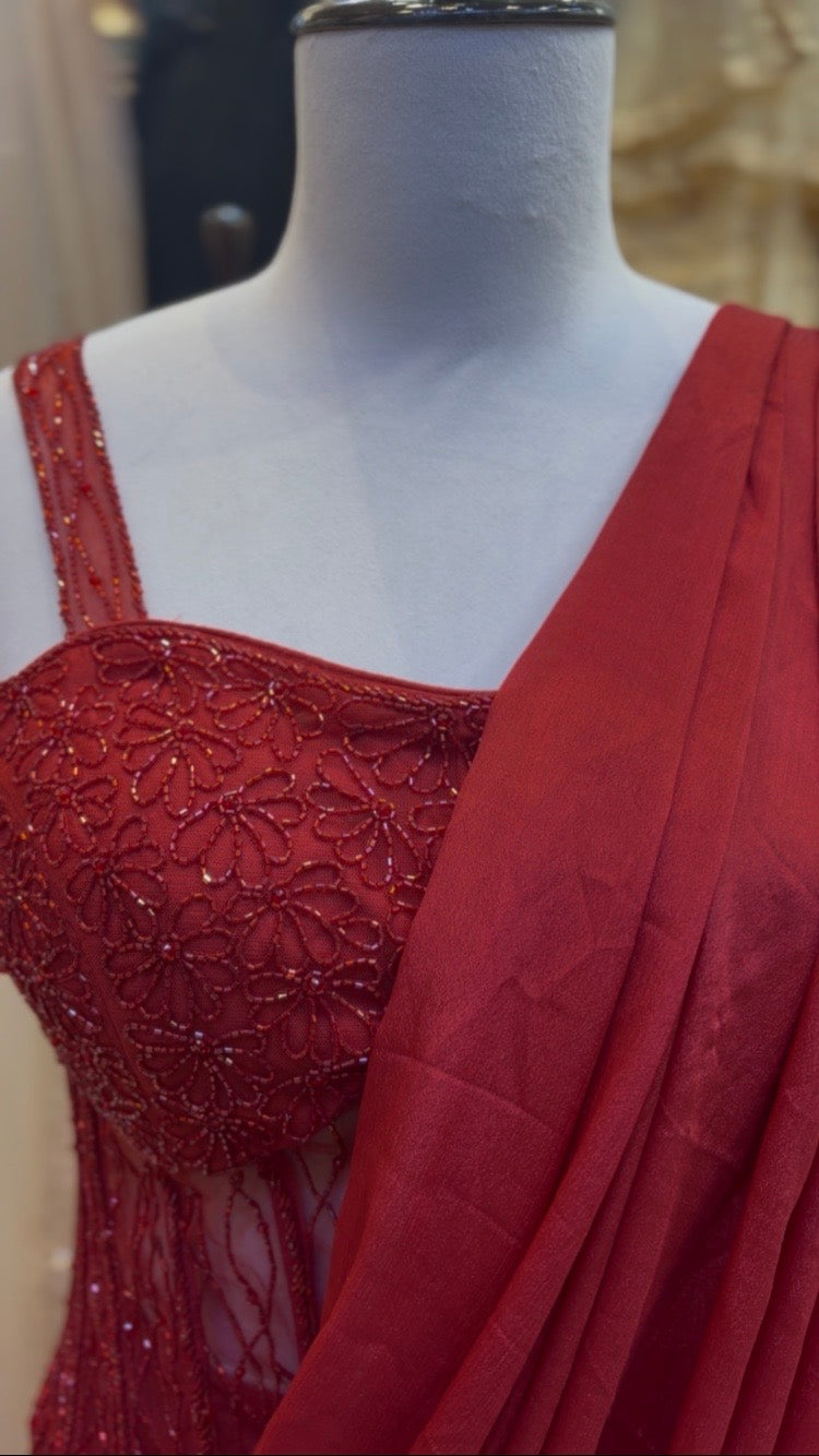 Red Draped Saree Gown for Women – Luxury Indo Western Wedding Outfit – Designer Party Wear Saree