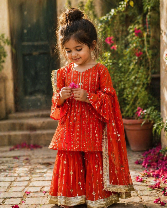Girls Orange Gharara Suit – Kids Pakistani Eid Outfit – Traditional Party Wear for Toddlers & Girls kbc013c15