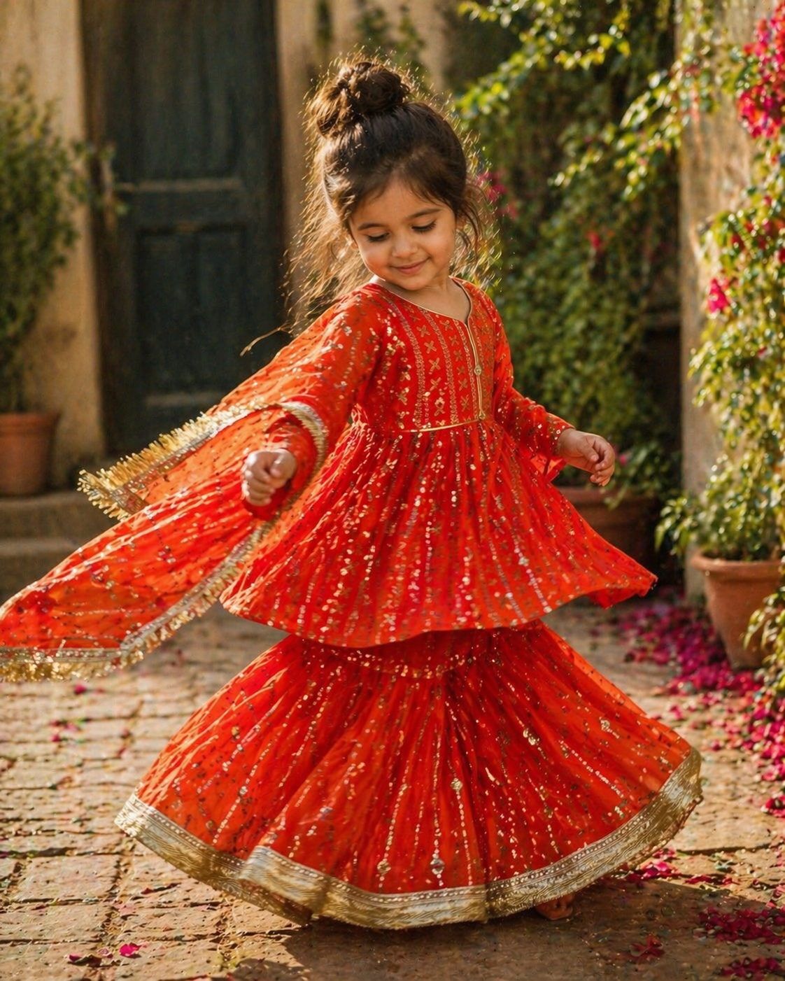 Girls Orange Gharara Suit – Kids Pakistani Eid Outfit – Traditional Party Wear for Toddlers & Girls kbc013c15