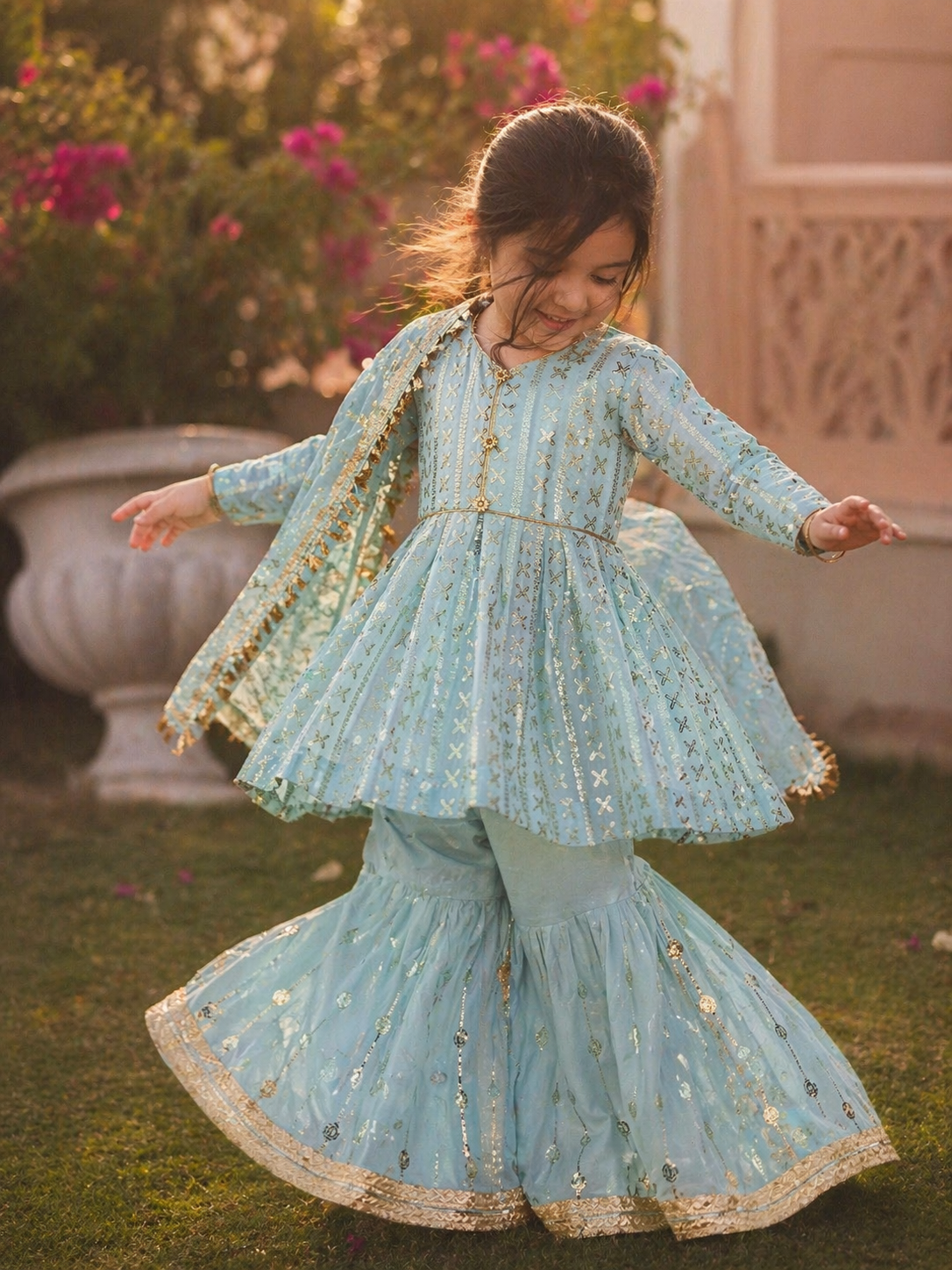 Girls sky blue Gharara Suit – Kids Pakistani Eid Outfit – Traditional Party Wear for Toddlers & Girls KBC013C12