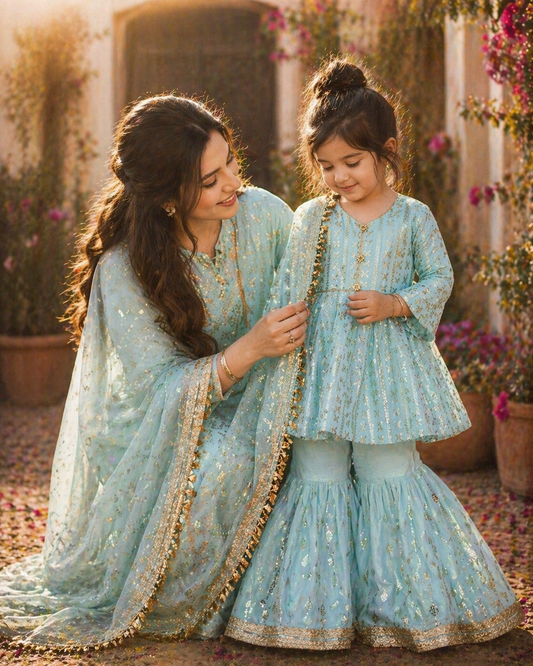 Girls sky blue Gharara Suit – Kids Pakistani Eid Outfit – Traditional Party Wear for Toddlers & Girls KBC013C12
