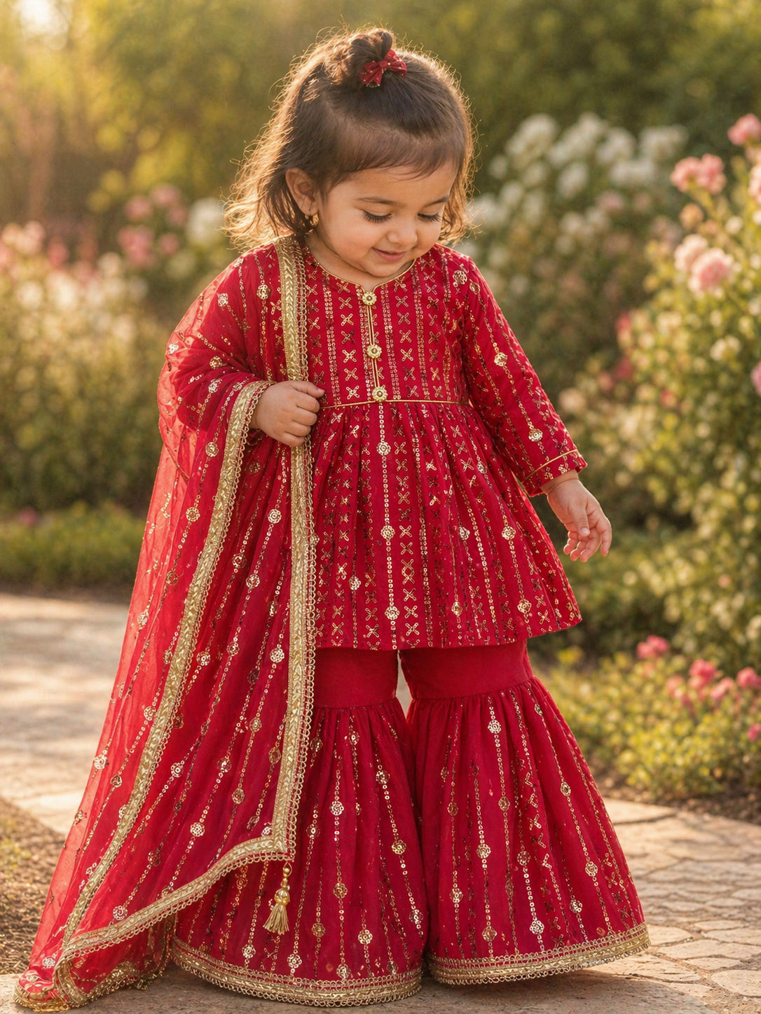 Girls Ruby Gharara Suit – Kids Pakistani Eid Outfit – Traditional Party Wear for Toddlers & Girls KBC013C8