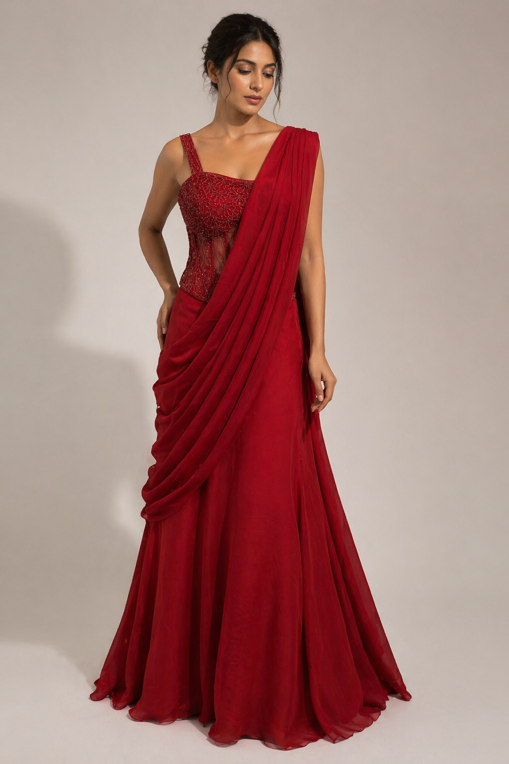 Red Draped Saree Gown for Women – Luxury Indo Western Wedding Outfit – Designer Party Wear Saree