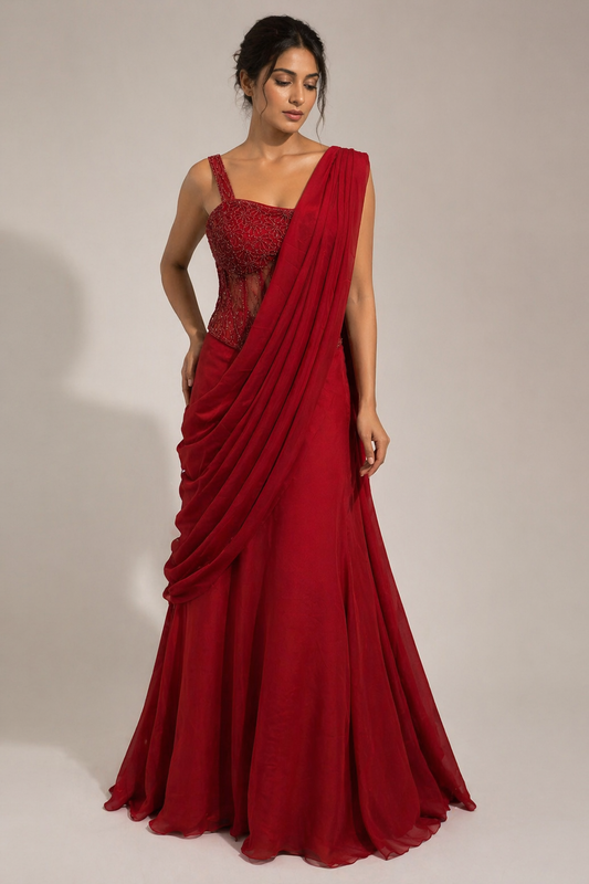 Red Draped Saree Gown for Women – Luxury Indo Western Wedding Outfit – Designer Party Wear Saree