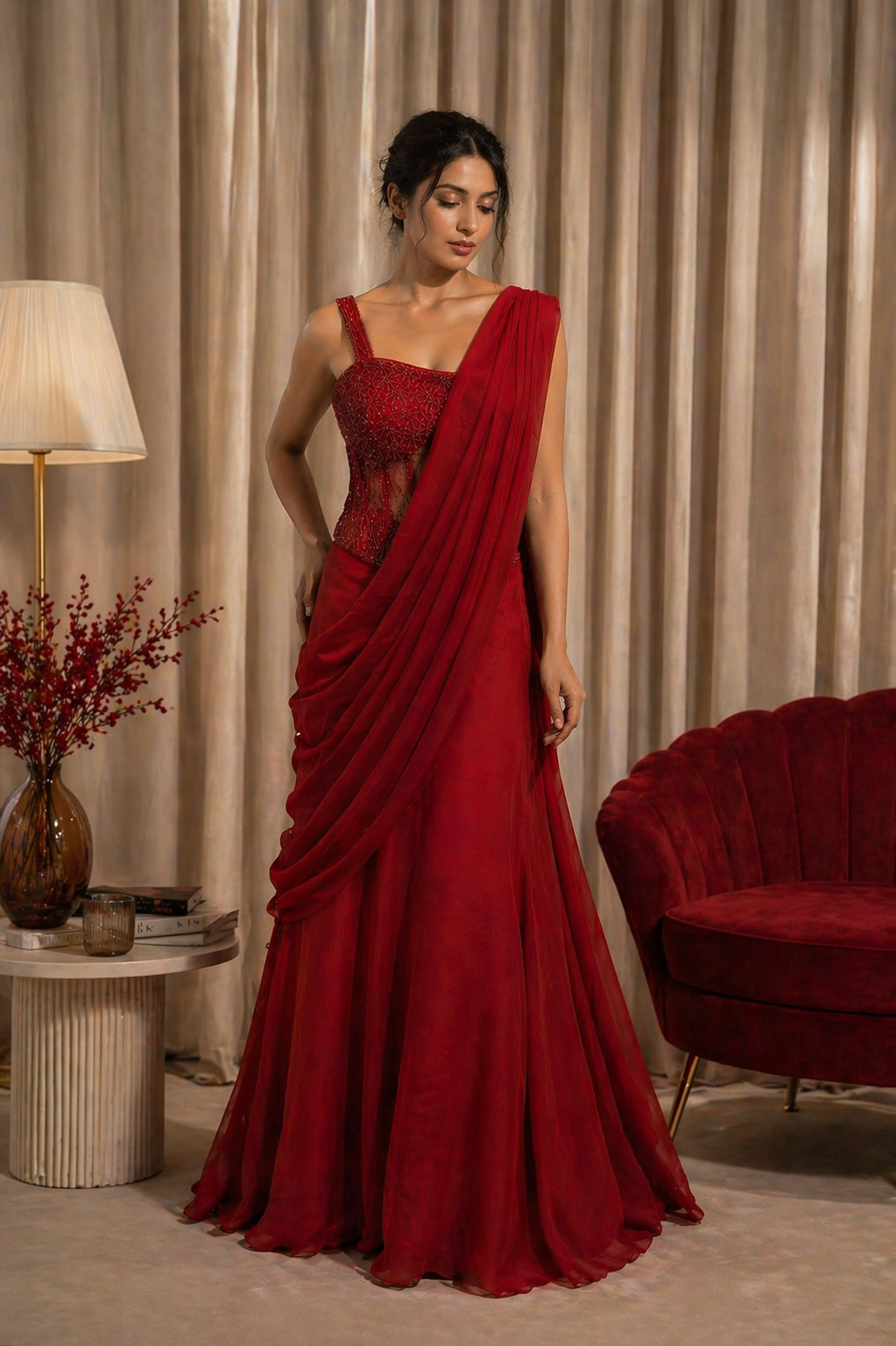 Red Draped Saree Gown for Women – Luxury Indo Western Wedding Outfit – Designer Party Wear Saree