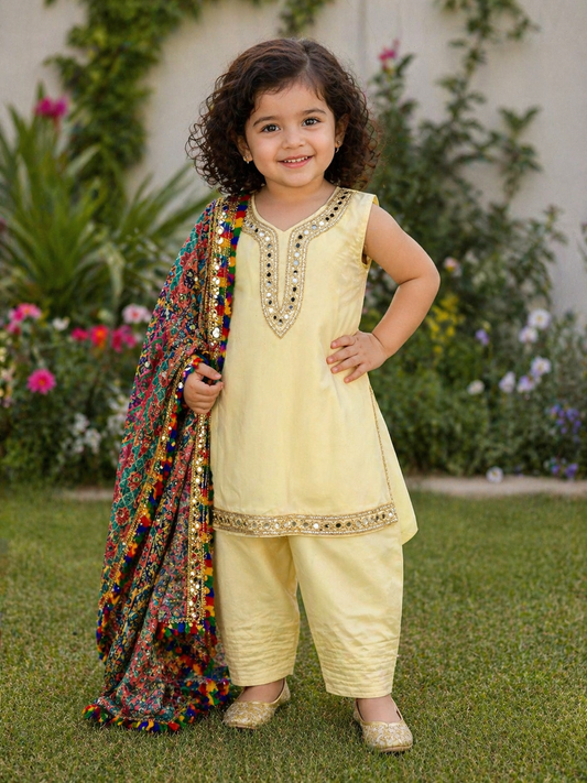 Girls lemon yellow Punjabi Suit – Kids Pakistani Patiala Salwar Kameez with Colourful Dupatta – Eid Outfit 1-2yrs kb018c2