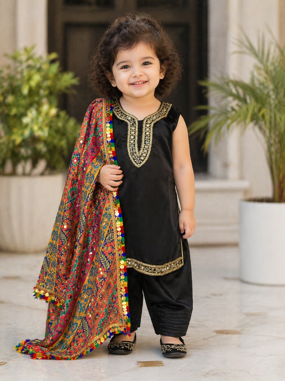 Girls Black Punjabi Suit – Kids Pakistani Patiala Salwar Kameez with Colourful Dupatta – Eid Outfit kbc018c5