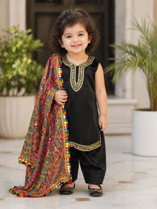 Girls Black Punjabi Suit – Kids Pakistani Patiala Salwar Kameez with Colourful Dupatta – Eid Outfit kbc018c5