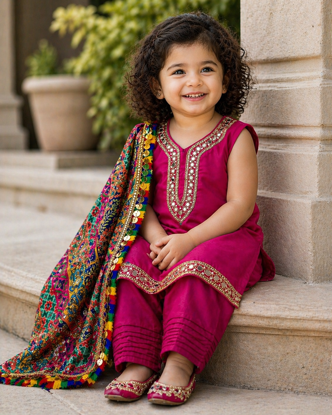 Girls hot pink Punjabi Suit – Kids Pakistani Patiala Salwar Kameez with Colourful Dupatta – Eid Outfit kbc018c4