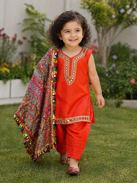 Girls vibrant orange Punjabi Suit – Kids Pakistani Patiala Salwar Kameez with Colourful Dupatta – Eid Outfit kbc018c3