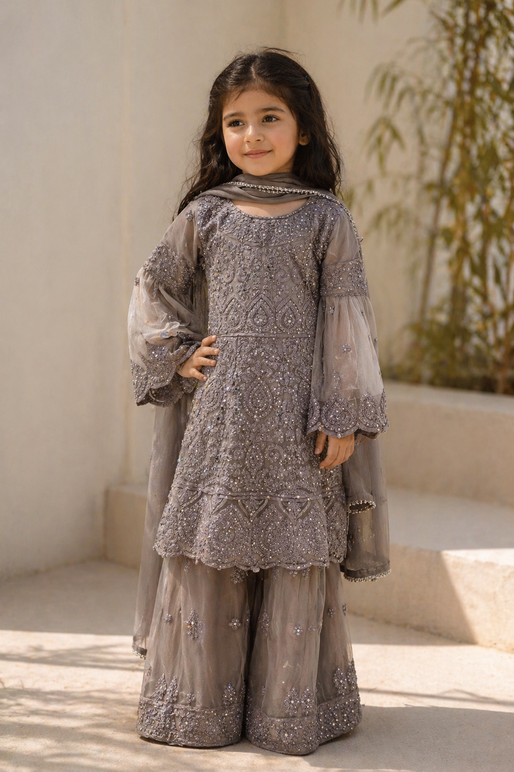 Girls Mauve Pakistani Gharara Suit – Embroidered Kids Eid & Wedding Outfit kmo003c5