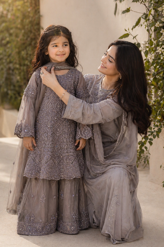 Girls Mauve Pakistani Gharara Suit – Embroidered Kids Eid & Wedding Outfit kmo003c5
