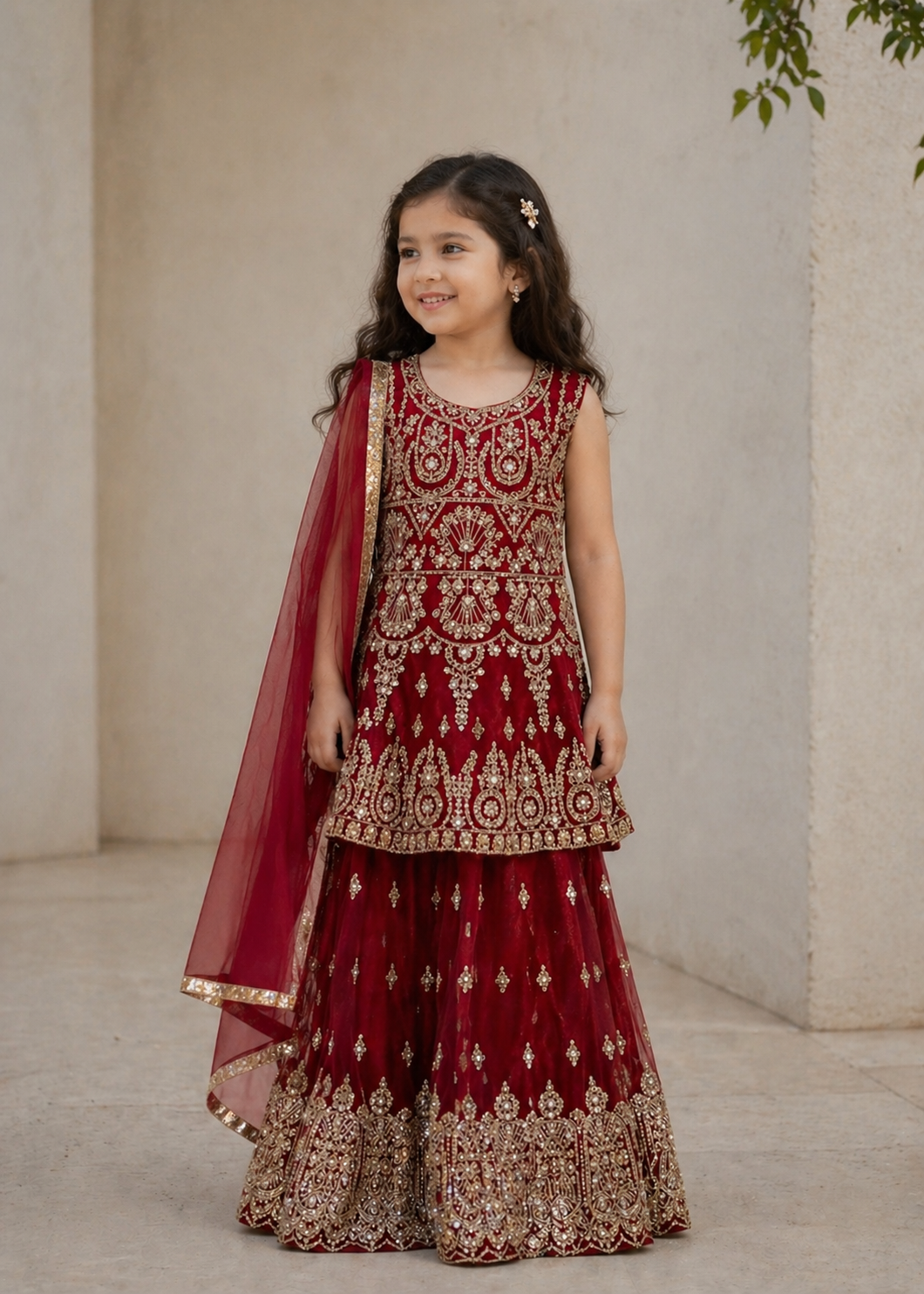 Girls Maroon Embroidered Gharara Suit – Luxury Kids Pakistani Wedding, Eid & Party Wear Outfit KMO014C0