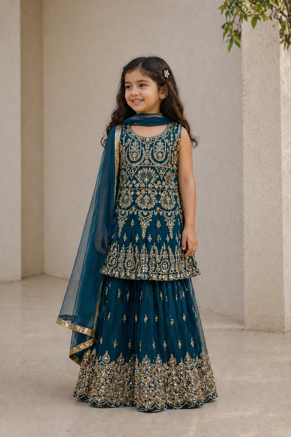 Girls Teal Embroidered lehenga Suit – Luxury Kids Pakistani Wedding, Eid & Party Wear Outfit KMO014C1