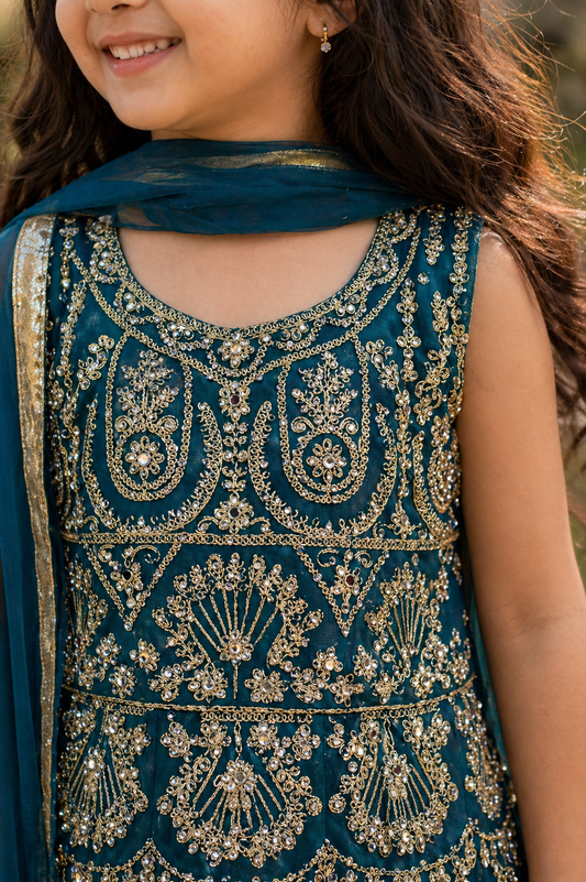 Girls Teal Embroidered lehenga Suit – Luxury Kids Pakistani Wedding, Eid & Party Wear Outfit KMO014C1
