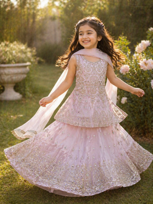 Girls Baby Pink Embroidered Lehenga Choli – Luxury Kids Pakistani Wedding, Eid & Party Wear Outfit KMO014C2