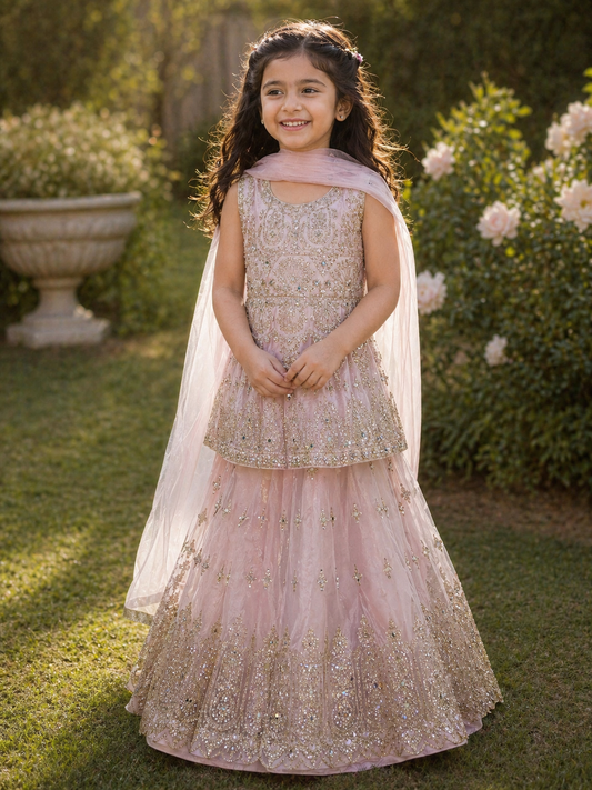 Girls Baby Pink Embroidered Lehenga Choli – Luxury Kids Pakistani Wedding, Eid & Party Wear Outfit KMO014C2