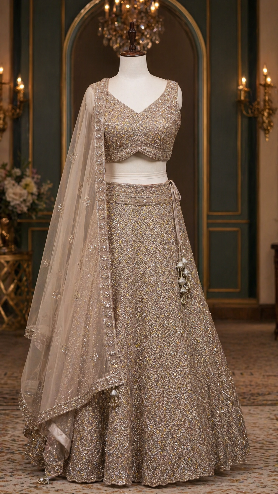 Champagne Gold Embroidered Lehenga Choli – Luxury Pakistani Wedding Outfit – Designer Reception Wear for Women