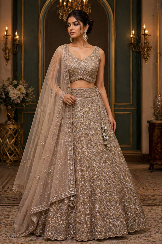 Champagne Gold Embroidered Lehenga Choli – Luxury Pakistani Wedding Outfit – Designer Reception Wear for Women