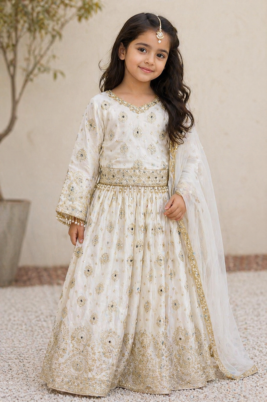Girls Ivory Embroidered Lehenga Choli – Luxury Kids Pakistani Wedding Outfit – Eid & Party Wear for Girls