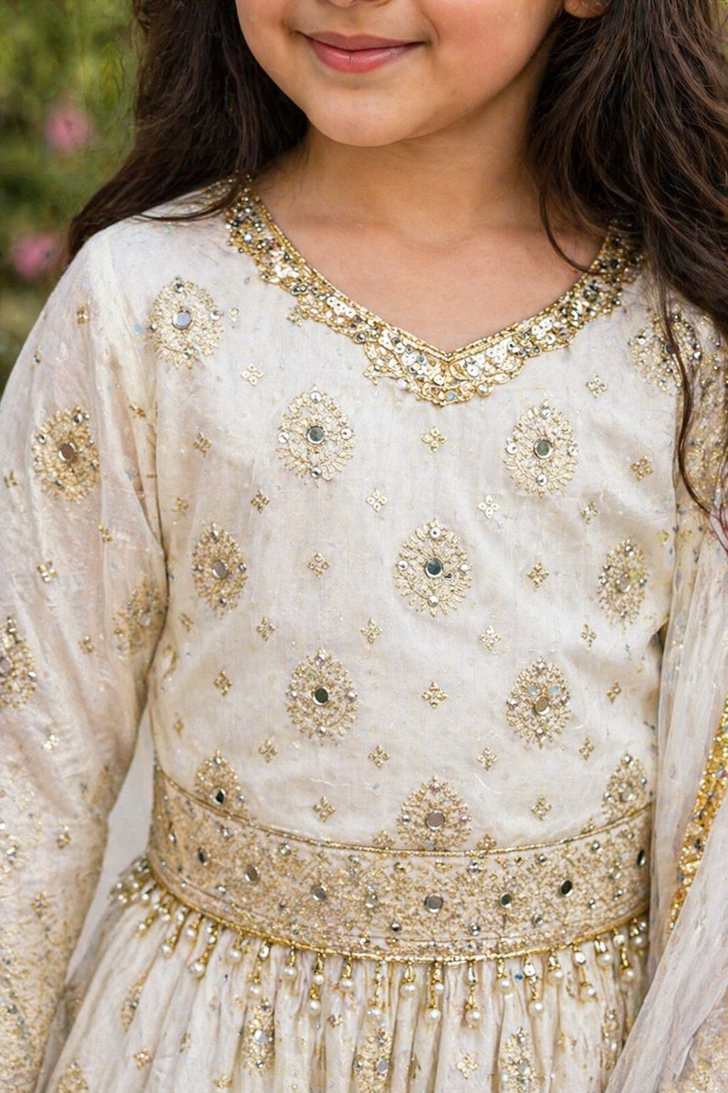 Girls Ivory Embroidered Lehenga Choli – Luxury Kids Pakistani Wedding Outfit – Eid & Party Wear for Girls