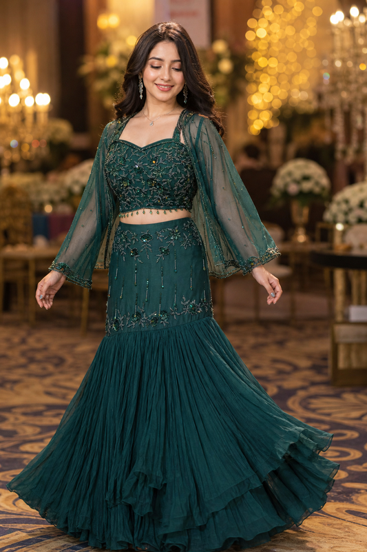 Emerald Green Fish Cut Lehenga – Luxury Embroidered Pakistani Wedding Outfit – Designer Party Wear for Women