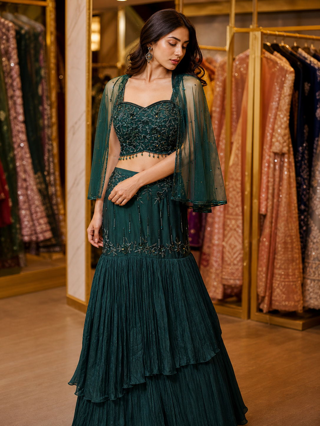 Emerald Green Fish Cut Lehenga – Luxury Embroidered Pakistani Wedding Outfit – Designer Party Wear for Women