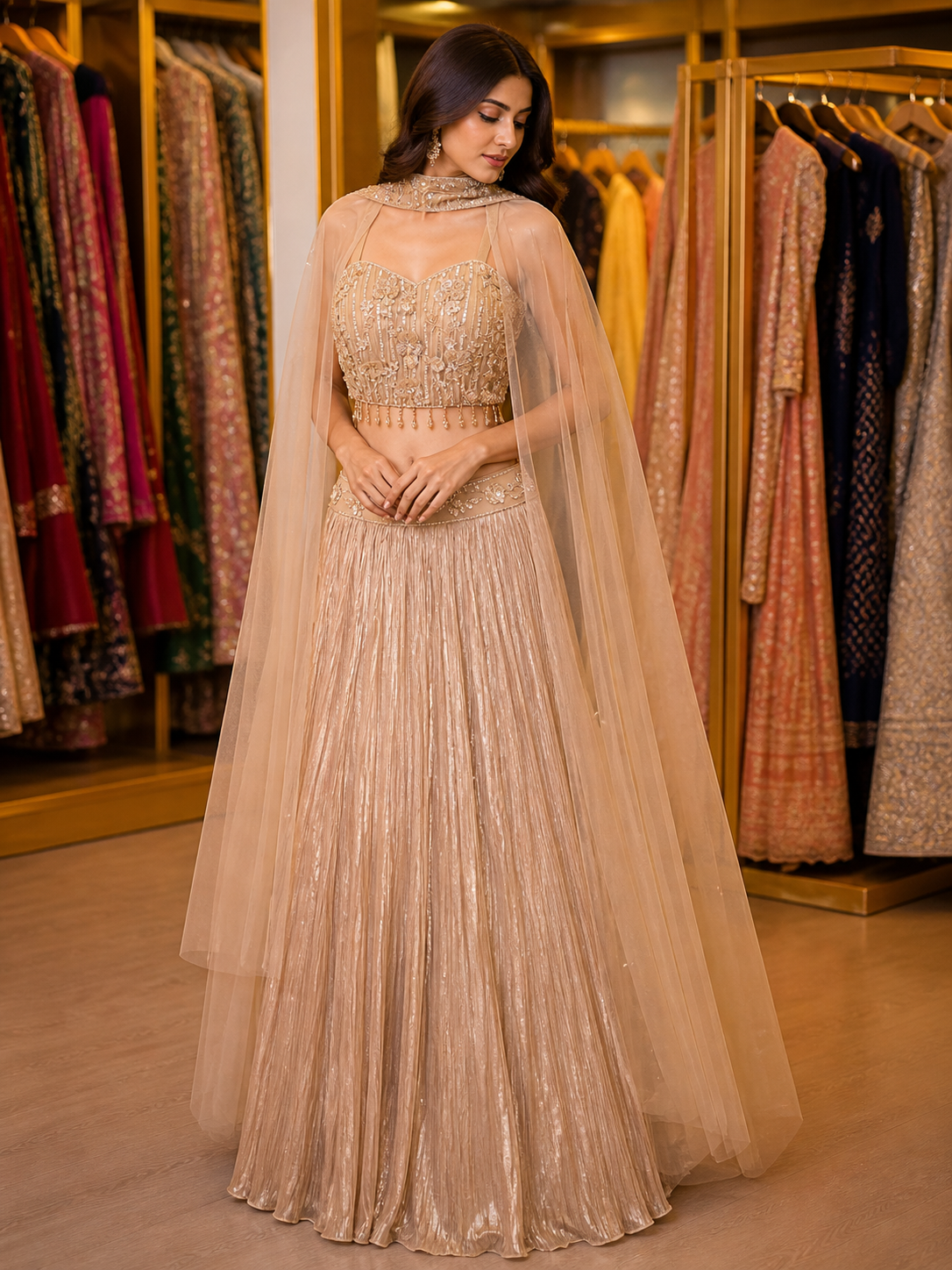 Beige Embroidered Anarkali Gown for Women – Pakistani Wedding Guest Outfit – Elegant Eid & Party Wear