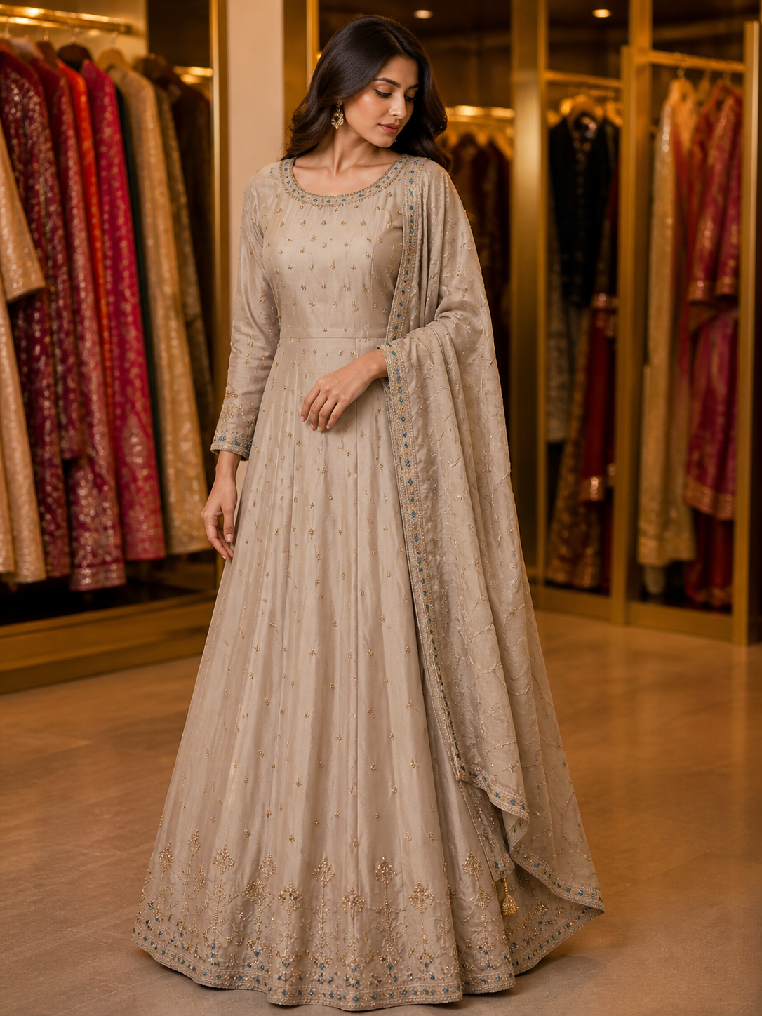 Beige Embroidered Anarkali Gown for Women – Pakistani Wedding Guest Outfit – Elegant Eid & Party Wear