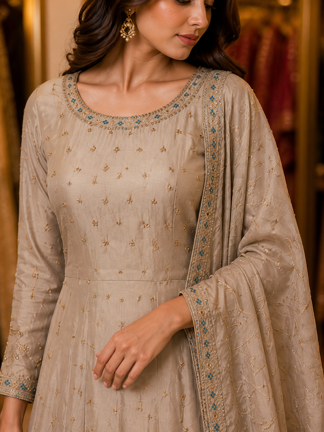 Beige Embroidered Anarkali Gown for Women – Pakistani Wedding Guest Outfit – Elegant Eid & Party Wear