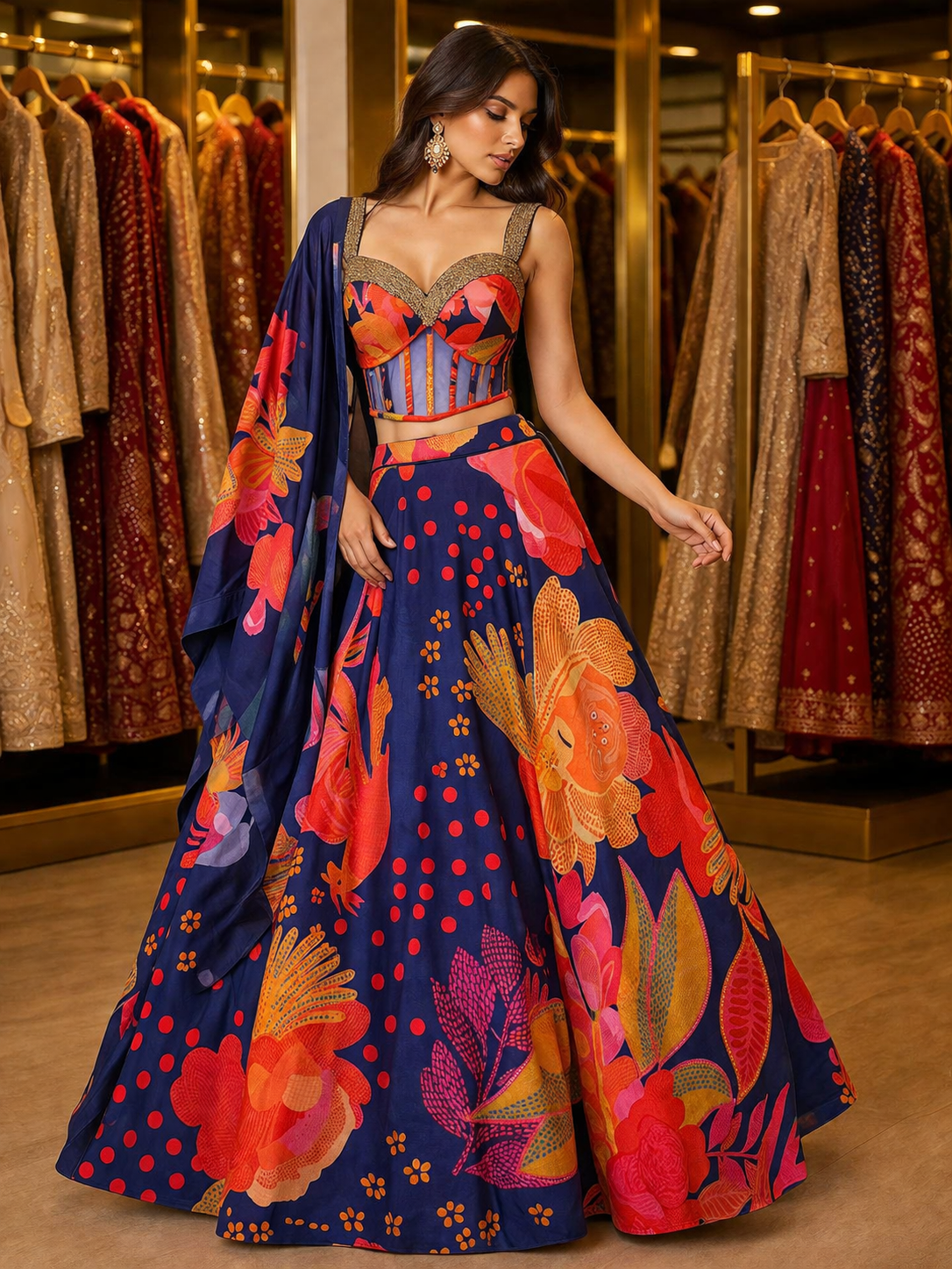 Floral Printed Lehenga Choli for Women – Navy Blue Indo Western Wedding Outfit – Designer Party Wear with Dupatta