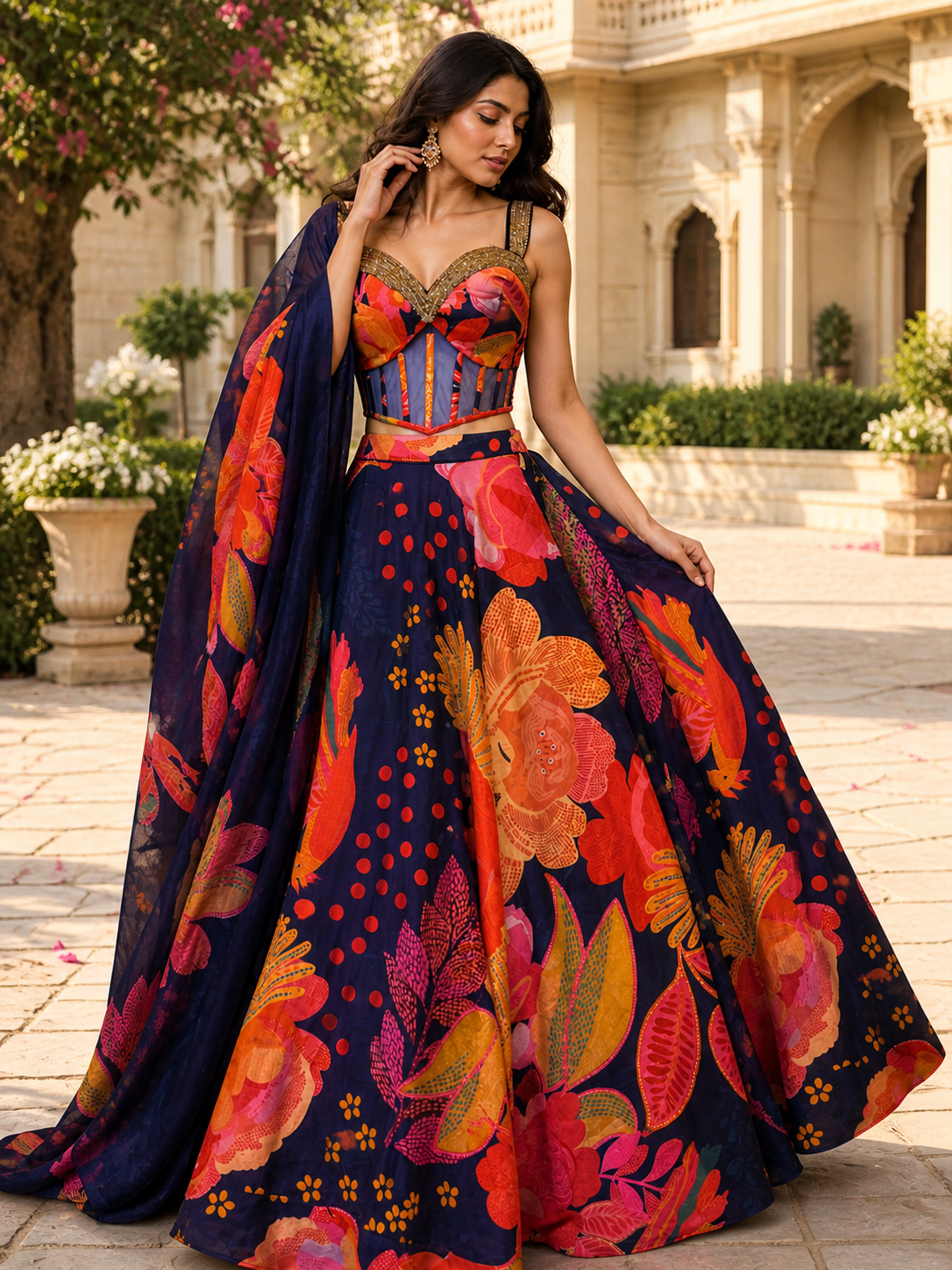 Floral Printed Lehenga Choli for Women – Navy Blue Indo Western Wedding Outfit – Designer Party Wear with Dupatta