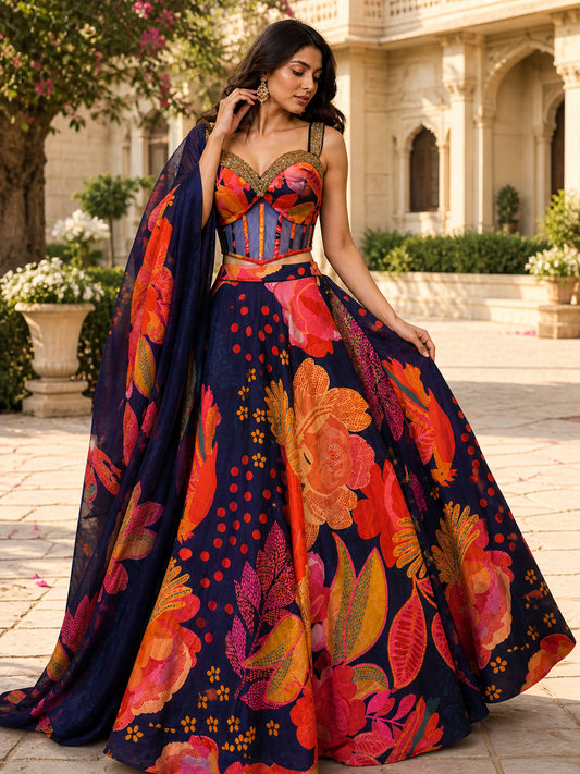 Floral Printed Lehenga Choli for Women – Navy Blue Indo Western Wedding Outfit – Designer Party Wear with Dupatta