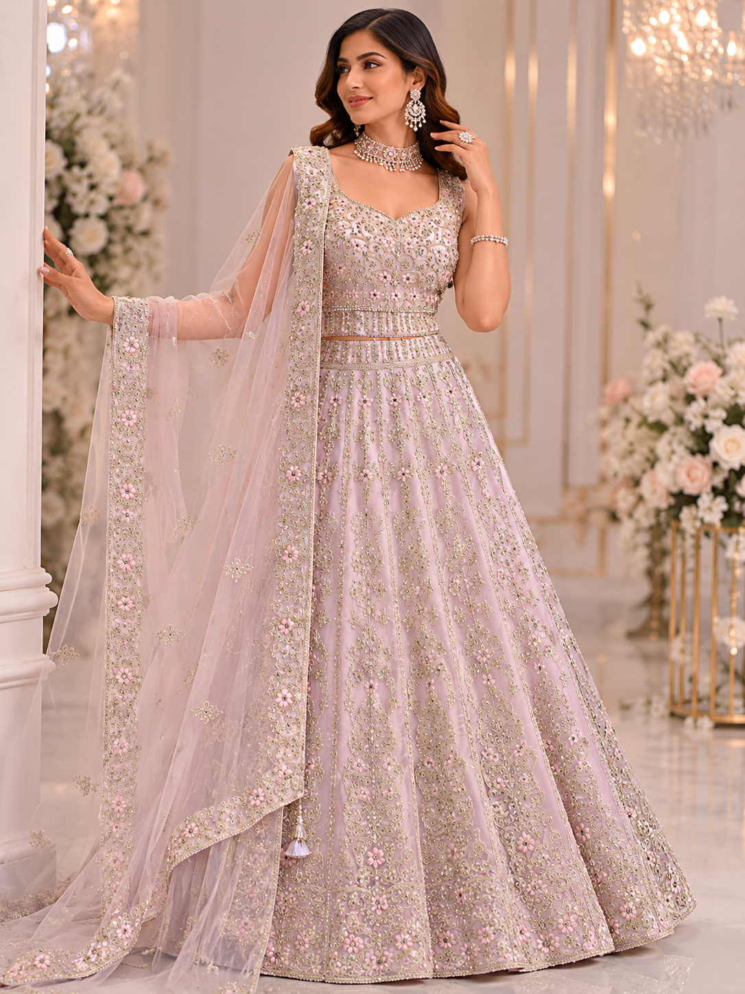 Baby pink heavy floral and gold embroiderey lehenga