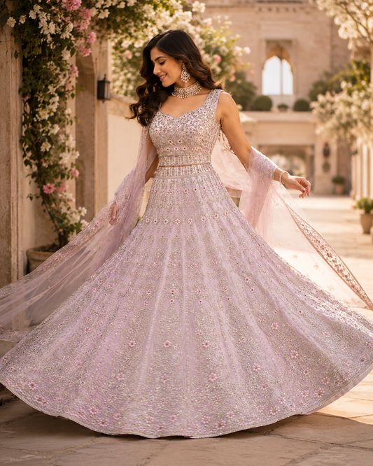 Baby pink heavy floral and gold embroiderey lehenga
