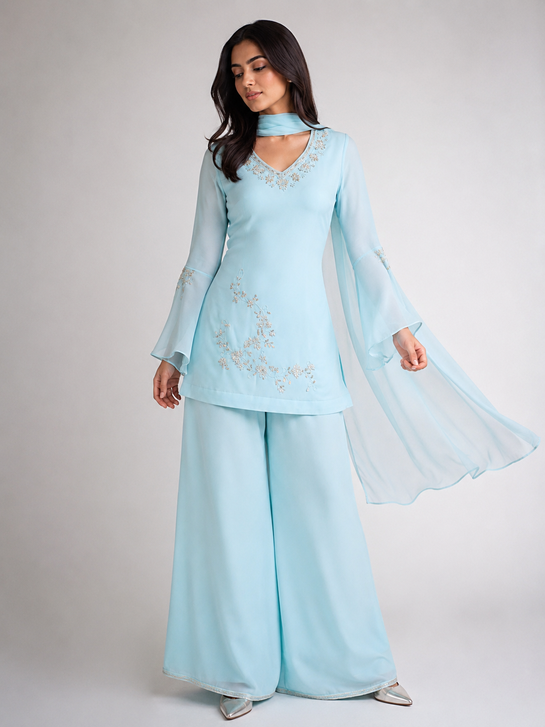 Sky Blue 90s Style Kurti Set for Women – Pakistani Co-Ord Outfit – Y2K Indian Party Wear