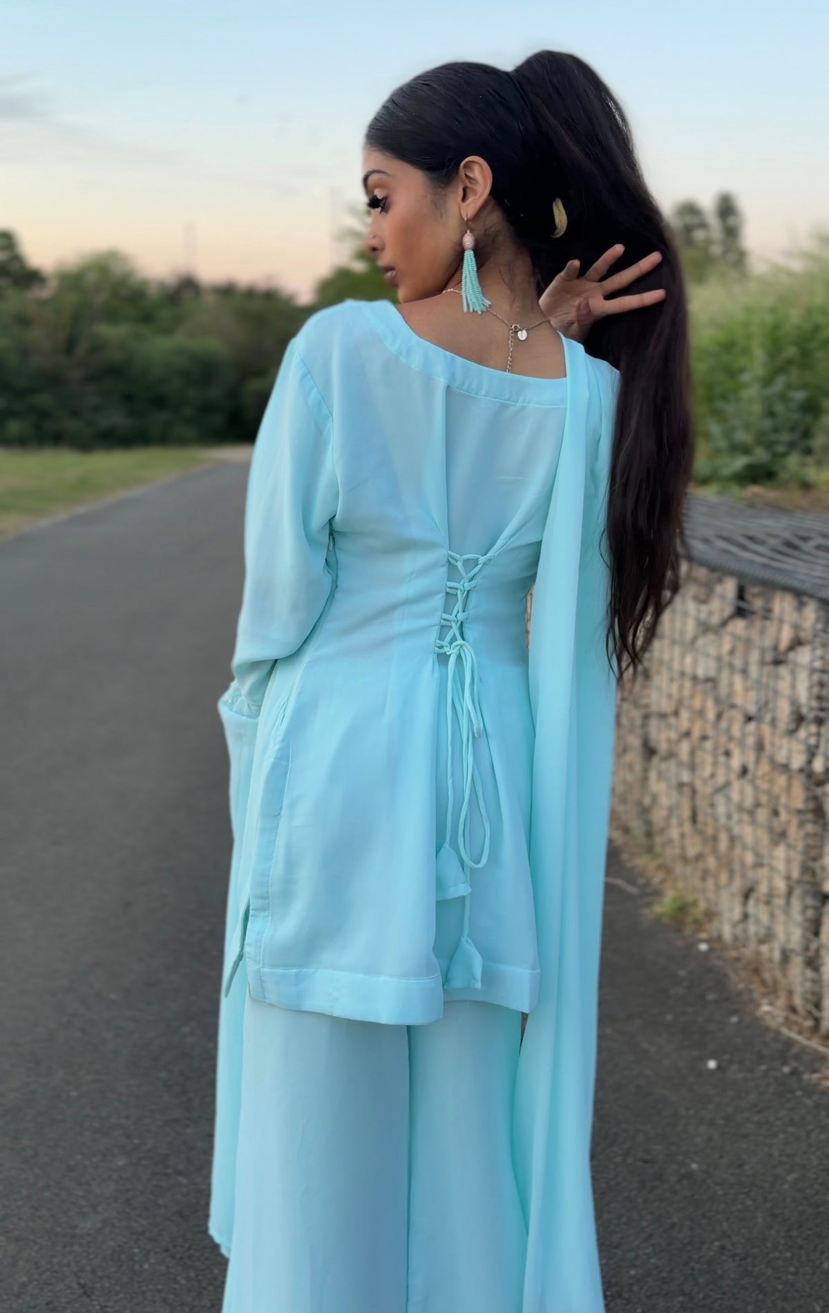 Sky Blue 90s Style Kurti Set for Women – Pakistani Co-Ord Outfit – Y2K Indian Party Wear