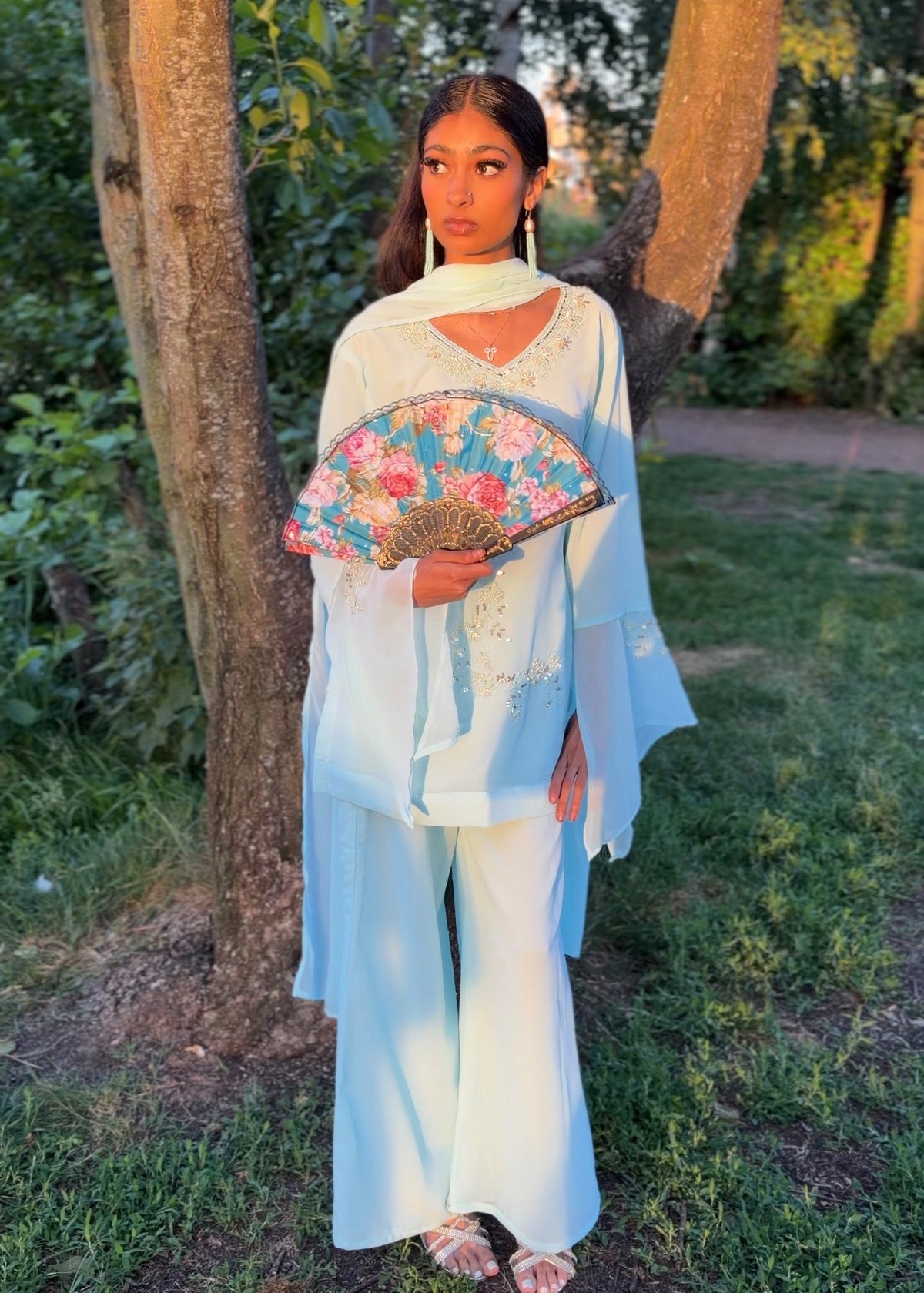 Sky Blue 90s Style Kurti Set for Women – Pakistani Co-Ord Outfit – Y2K Indian Party Wear